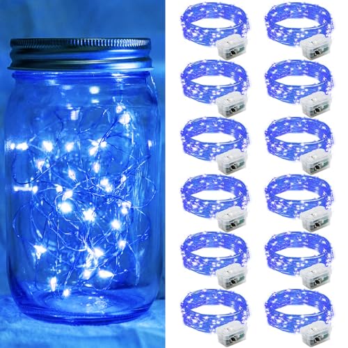 chzk 12 Pack Blue Fairy Lights 7Ft 20 LED Twinkle String Lights 3 Modes Battery Operated Waterproof Firefly Starry for Mason Jar Wedding Party 4th of July Christmas Day Table Centerpieces