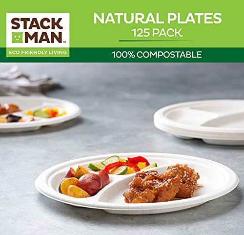 100% Compostable 10 Inch Heavy-Duty Plates [125-Pack] 3 Compartment Eco-Friendly Disposable White Bagasse Plate, Made Of Natural Sugarcane Fibers - 10" Biodegradable Paper Plates By Stack Man #TOP3