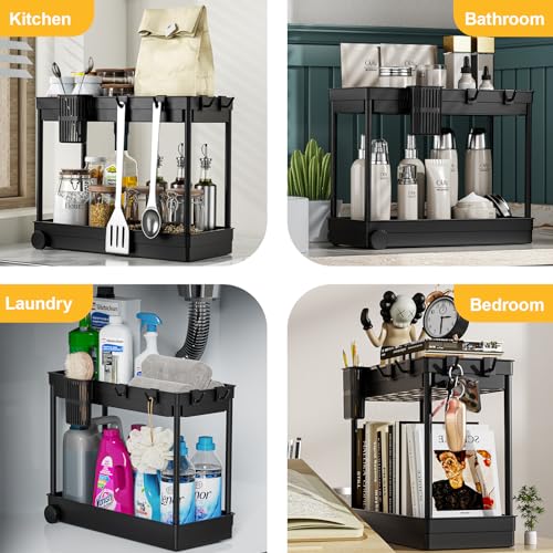 Waretary 2-Tier Under Sink Storage for Kitchen & Bathroom, Pull- Out Designed Under Sink Storage Units with 4 Hooks 1 Hanging Cup (Black, 2 Pack) - Image 7