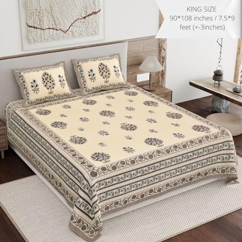 Image of Living Roots Ethnic Jaipur Block Print Double Cotton Bedsheet & 2 Pillow Covers, for Mattress Upto 6 inches Thick, No Colour Bleeding, Blue Colour, King Size 90 * 108 inches, 120TC (614-B)