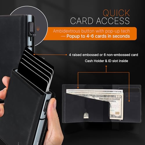 Image of Conceal Plus Card Blocr Pop Up Wallet for Men | RFID Blocking Slim Metal Card Holder | Minimalist One Click Card Ejector Wallet | Holds 4-6 Cards | Black PU Leather & Titanium