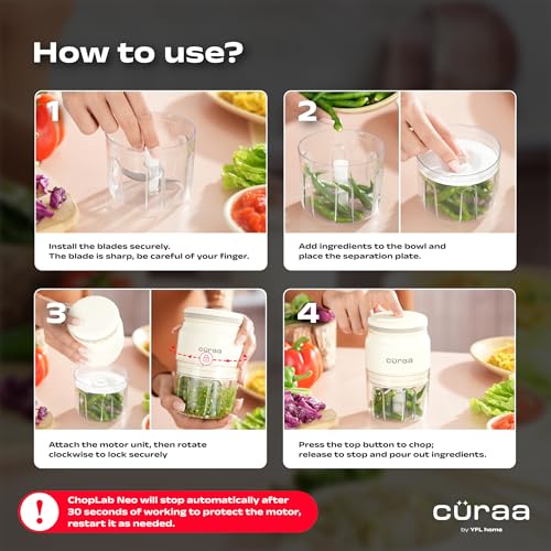 Image of CURAA ChopLab Neo USB Vegetable Chopper for Kitchen Use | By Chef Sanjyot Keer | Mini Chopper for Kitchen with Stainless Steel Blades - 250ml (Beige)