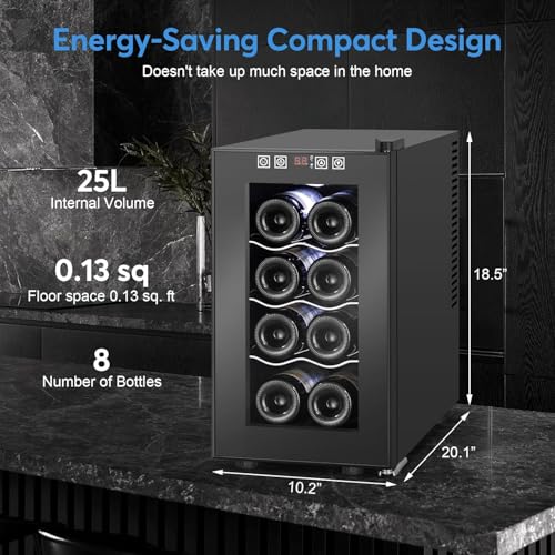 8 Bottles Wine Cooler Refrigerator, Small Wine Fridge, Mini Wine Fridge Countertop with Glass Door Wine Cellars for Red Wine, Champagne, Dry White Wine, Sparkling Wines