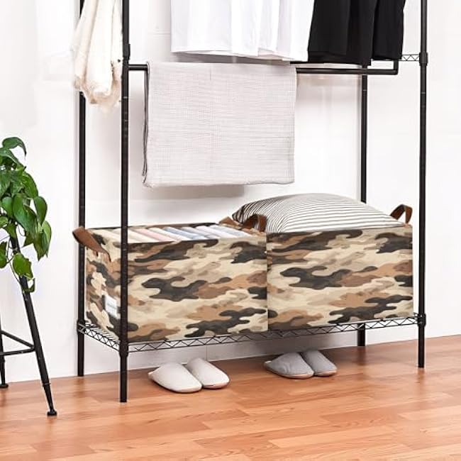 Camouflage Duck Hunter Storage Bins Brown Camo Collapsible Storage Basket Box with Handles Organizer for Clothes Shelves Closet Cabinet Home Office, 1PC