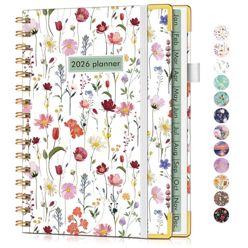 2026 Planner Hardcover Weekly and Monthly Planner for Women January 2026 - December 2026 Spiral Yearly Agenda Organizer Book 2026 with Tabs Daily Calendar Planners for School Work Home A5 (5.75 x 8.38) Wildflower Garden