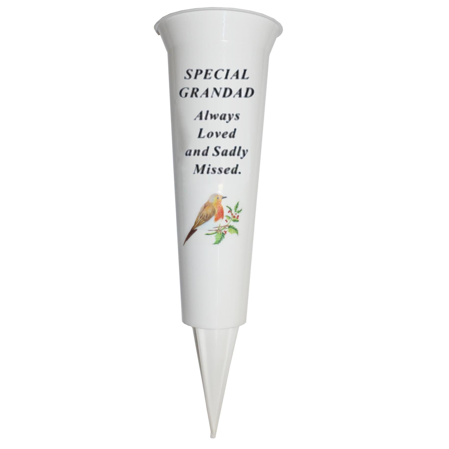 Widdle Gifts Grandad 8682 Memorial Grave Flower Pot - 33Cm Tall Sturdy White Memorial Graveside Flower Vase With Spike And Robin Image (Grandad 8682)