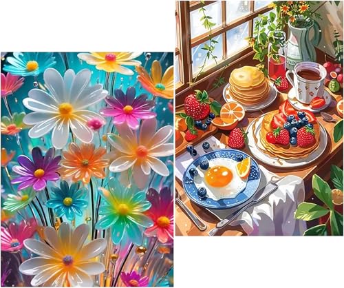 Amyaker ダイヤモンドアート キット 丸いビーズ 全面 2個セット ダイアモンドビーズ絵画キット DIY 手作り絵画 モザイクアート 5D モザイクアート ダイヤモンド塗装 全面貼り付けタイプ 30x40cm グルメ 花