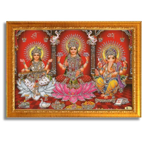 Image of CRAFT QUEST Lakshmi Devi with ganesh ji and saraswati mata Wall Painting Photo Frame for Diwali Pujan (Synthetic, Golden, Sparkle Finish, Small Size, 8 X 6 Inch)