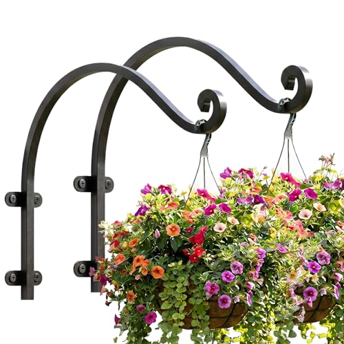 Evadow 2 Pack 16Inch Heavy Duty Outdoor Wall Hanging Basket Brackets Black Metal Plant Hanger Hooks Garden Hanging Flower Basket Bracket for Planter Flower Hanger Bird Feeder Fence