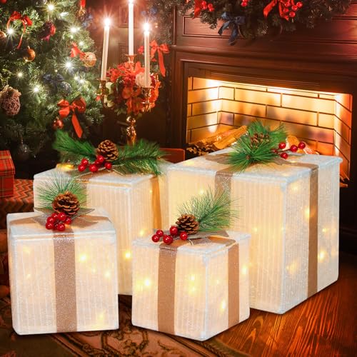 Set of 4 Christmas Lighted Gift Boxes, 70 Led Light Up White Iron Frame Present Box with Pine Cones Bows for Christmas Tree Party Yard Holiday Indoor Outdoor Decoration