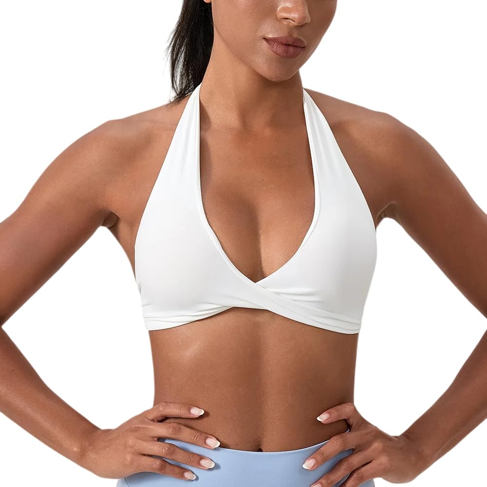 CHENSHI Sujetador Deportivo Mujer Strappy para Mujeres Open Back Halter Soporte Ligero Gimnasio Crop Top Entrenamiento Sin Costuras Yoga Sujetadores Acolchados-White-XL