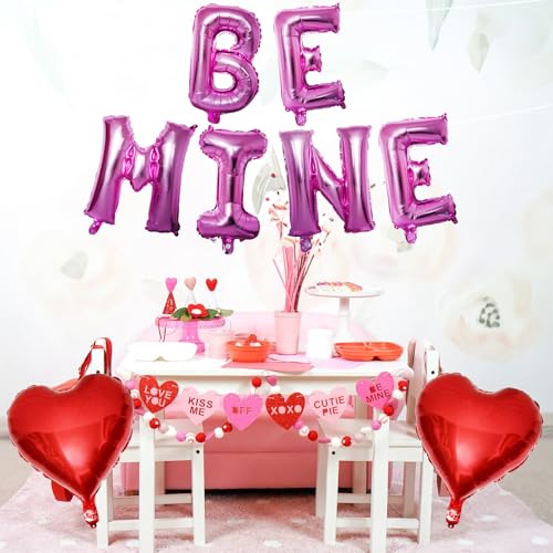 Image of Valentines Day Balloons Decoration, Be Mine and Red Heart Letter Balloons Banner Valentine Balloon Banners for Sweetest Valentine's Day Romantic Be Mine Party Decorations