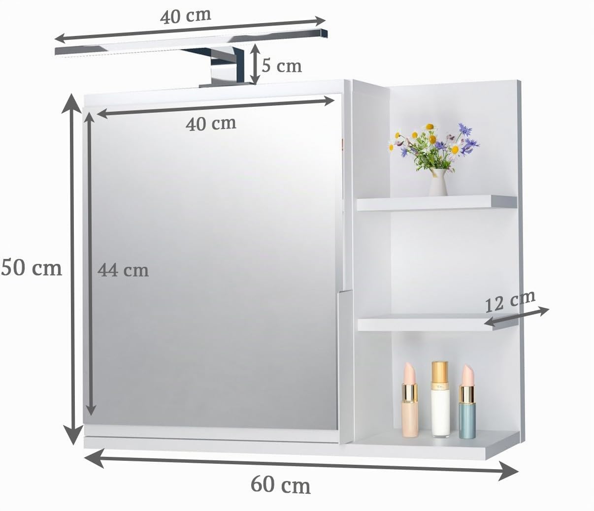 Mobiletto a specchio 60x50 bianco, per il bagno con mensole, specchio da bagno, mobiletto sospeso - da parete, LAMPADA LED - Destra