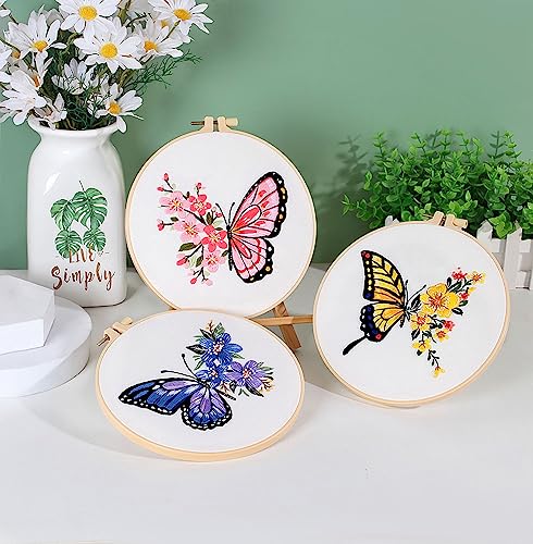 Image of GLTAYLMY 3 Sets Cross Stitch Kits with Beautiful Flower Pattern, Stamped Embroidery Kits with 3 Embroidery Clothes, Needles and Color Threads, 1 Embroidery Hoop
