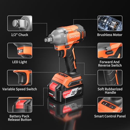 Image of Dong Cheng 20V Brushless Cordless Impact Wrench Kit, 380W Motor, 300N.m Max Torque, Working Modea (210 /300N.m), 2x4000mAh Batteries + Fast Charger, Auto Stop Reverse, LED Work Light
