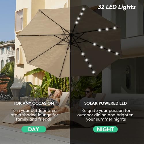Image of JEAREY 9FT Outdoor Patio Umbrella with Solar Lights, LED Lighted Pool Umbrella with Tilt and Crank, Outdoor Table Umbrellas for Deck, Yard & Market (Beige)