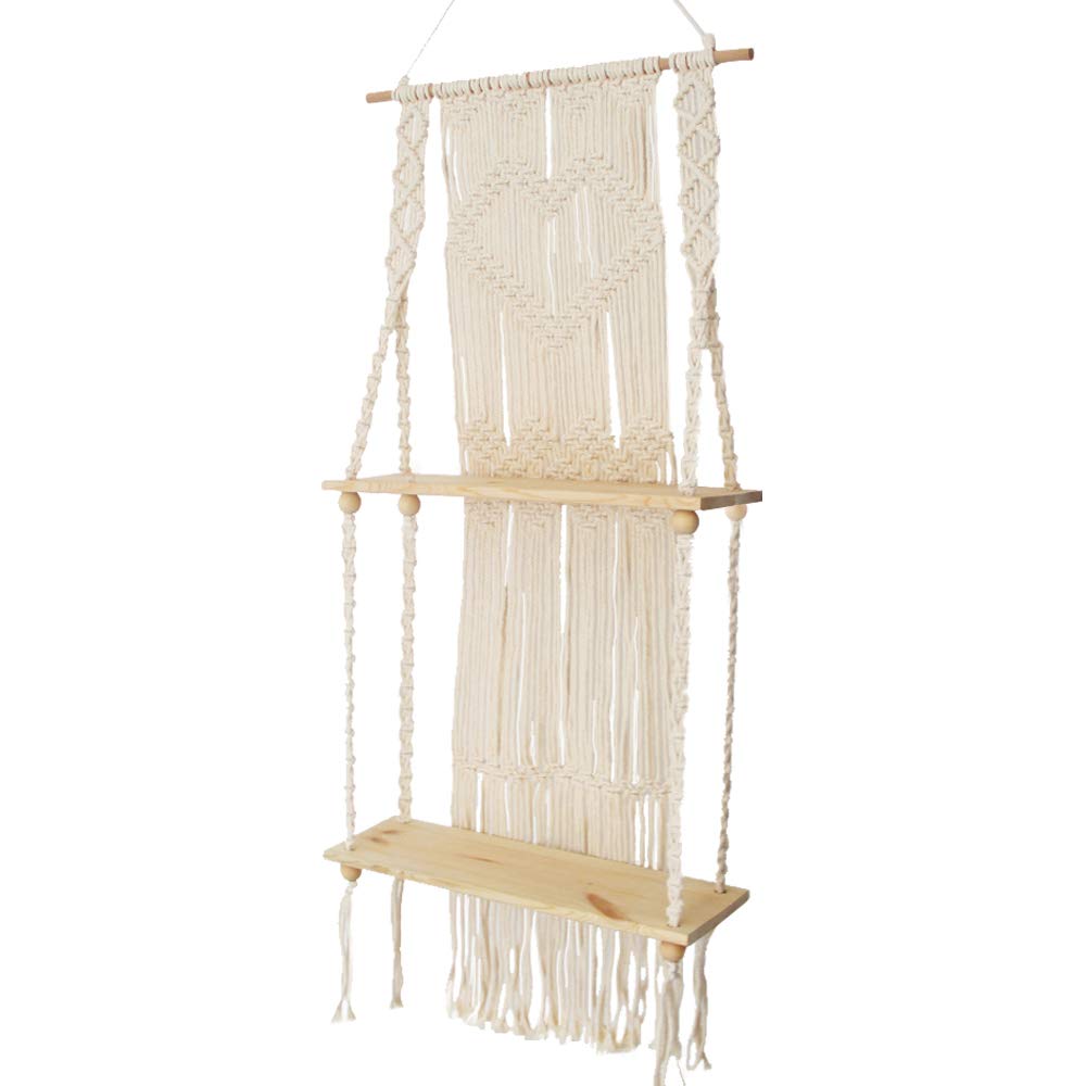 Boho Style Floating Wall Mount Shelving Macrame Rope Woven Double Layers Wood Shelf Tapestry Tassel 