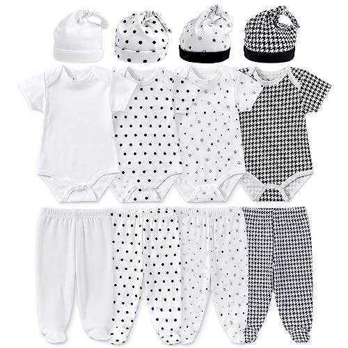 Image of Jimonda Unisex Baby Layette Set Cute Outfits 12-Piece Clothes Set for Baby Boys and Girls with Pants Hats Bodysuits Gifts (Black&White, 9-12 Months)