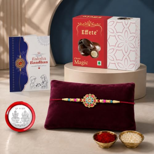 Image of DeoDap Designer Floral Rakhi for Brother with Effete Choco Magic, Multicolour Beads, Roli Chawal, Shagun Coin and Greeting Card, Raksha Bandhan Gift Combo