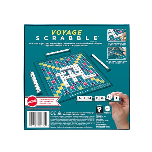 Mattel Games Scrabble Voyage, édition Miniature 20 x 20 cm, Jeu de Société et de Lettres, Version Française, CJT12