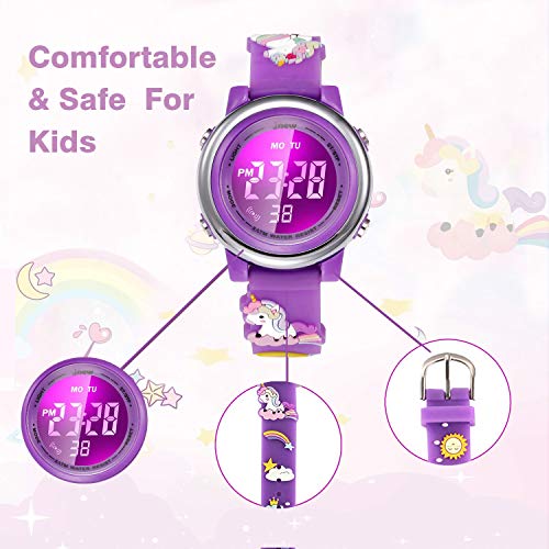 Image of Kids Watch Girls Age 3-10 - Upgrade 3D Cute Unicorn Cartoon 7 Color Lights Digital Waterproof Sports Outdoor LED Watches with Alarm Stopwatch for 3-10 Year Boys Girls Little Child Purple - Best Gift