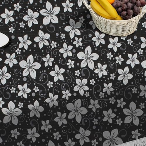 Image of The Furnishing Tree Waterproof PVC Rectangle Shaped 4 Seater Table Cover WxL 54x78 inches Floral Pattern White Black with White Border lace