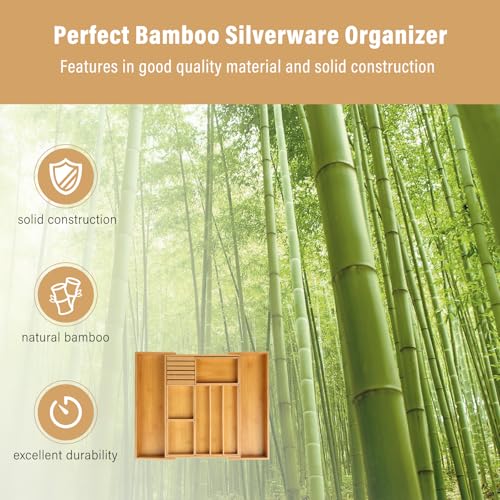 comfoyar Bamboo Cutlery Drawer Organiser for Kitchen, Expandable Wooden Utensil Drawer Organiser with Removable Dividers, 3-10 Adjustable Compartments Bamboo Cutlery Tray Organiser for Flatware Knives - Image 3