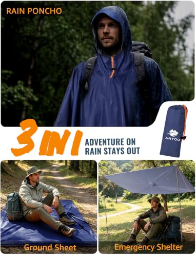 Image of ANYOO Hooded Rain Poncho for Adults Waterproof Lightweight Rain Coat for Men Women Reusable Rain Jacket for Emergency Outdoor