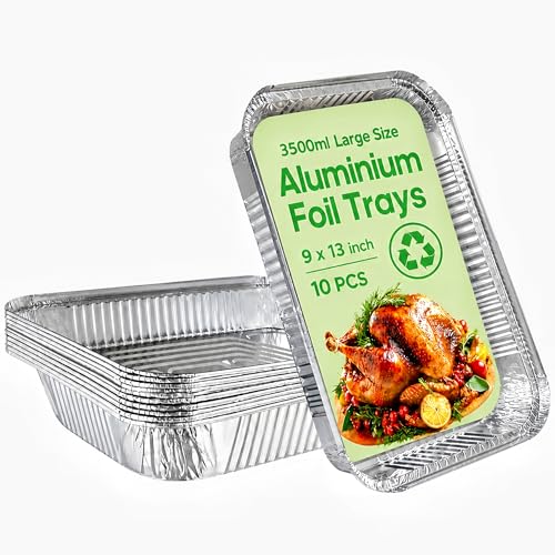 10 Pack Large Aluminium Foil Trays (32x21x5 cm) - Heavy Duty Disposable Roasting Pans & Deep Baking Tins - Rectangular Foil Containers for Oven Cooking BBQ Freezer Meal Prep & Catering (3500ml)
