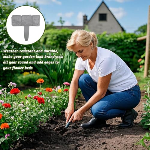 10 Stücke Rasenkante Stein Beeteinfassung 25x23cm Rasenkante Kunststoff Steinoptik Beetumrandungen für den Garten