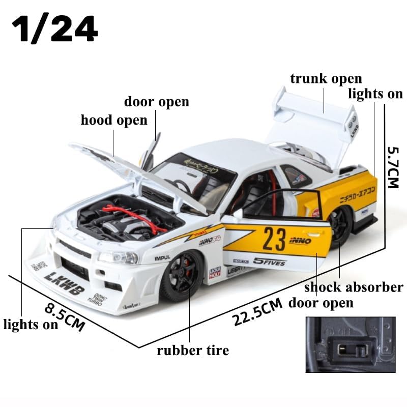 Image of 1:24 Nissan Skyline GT-R R34 Diecast Model Car, Pull Back Toy Car for Kids, Metal Collectible with Sound & Light, Gifts for Boys and Girls (White)