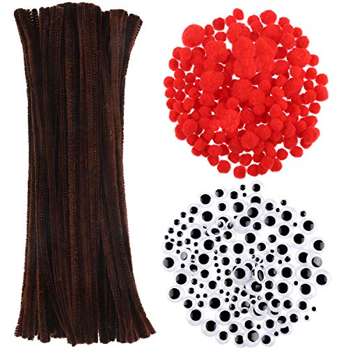 Tantuo 450 Pieces Christmas Pipe Cleaners Sets, Including 100 Pieces Brown Chenille Stem, 200 Pieces Red Pom Poms and 150 Pieces Self Adhesive Wiggle Eyes for DIY Crafts