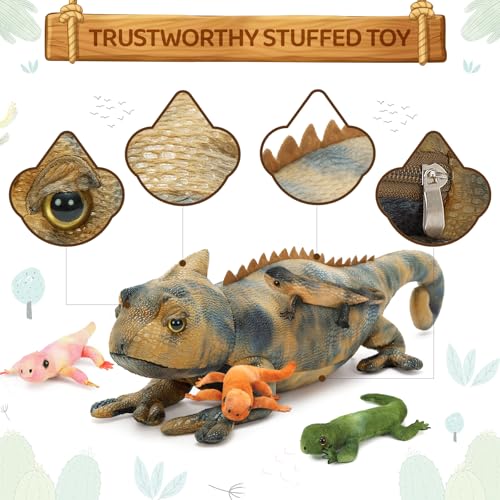 Image of Lizard Stuffed Animal with 4 Babies, 27 inch Gray Chameleon Plush Toy