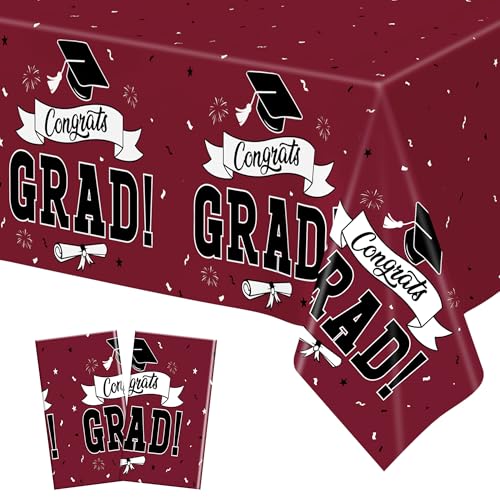 Image of 2Pcs Graduation Decorations 2026, 108 inch X 54 inch Maroon Graduation Tablecloths, Rectangle Table Covers for Class of 2026 Congrats Grad, Disposable Plastic Tablecover for Grad Decor Party Supplies for Kids