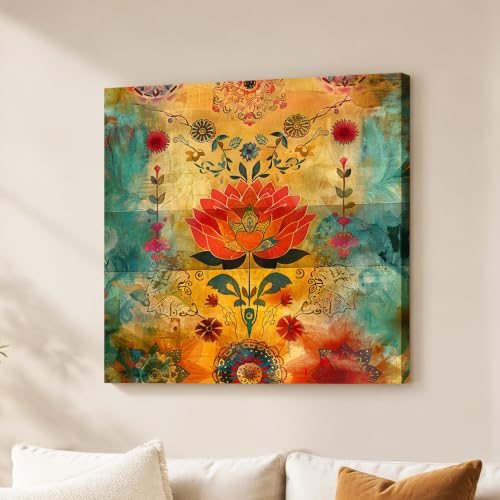 Image of PAINTINGMANTRA Colorful Lotus Artwork Stretched Canvas Painting for Living Room | Bohemian Floral Canvas Wall Decor Art For Livingroom, Bedroom, Office, Hallways - 22x22 Inch