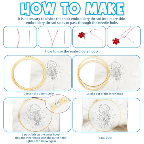 Image of ACRNIGHEET 6PCS Embroidery Kit for Adults Beginners, Sea Animals Embroidery Starter Kit, Stamped Cross Stitch Kits for Crafts Lovers Gift Idea, Include Instructions 6 Stamped Embroidery Cloth 2 Hoop