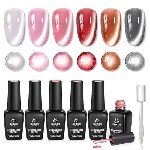 Image of Beetles Cat Eye Gel Nail Polish Set, 6 Colors Porcelain Glow Glitter Gel | Glass Gel Polish Kit Silver Red Brown Black Pink Magnetic Effect Soak Off UV Gift for Women