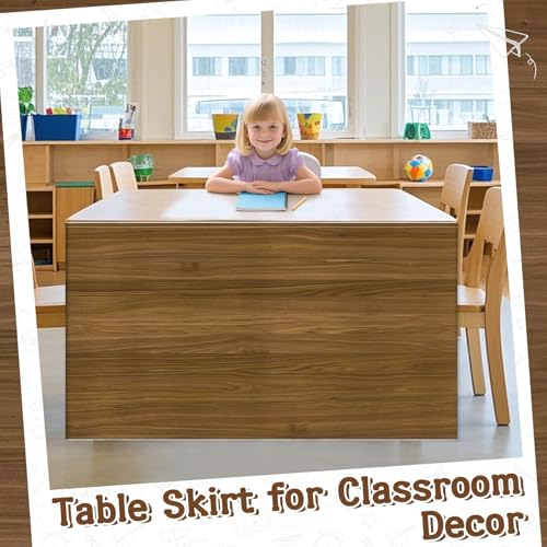 Image of 9FT Wood Grain Table Skirt Brown Teacher Desk Skirt Classroom Table Cover for Back to School Decor Rectangle Tablecloth for Farm Birthday Party Decorations Home Dorm Office Bookcase Cabinet Shelf