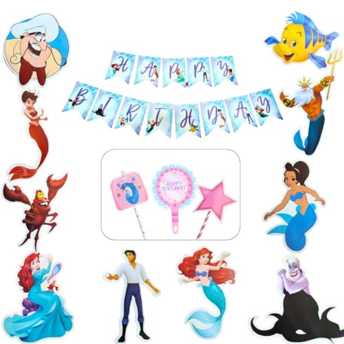Image of Wanna Party Mermaid Theme Decoration Kit - Combo of 14 PCS| Mermaid Banner| Marmaid Cake Toppers for Birthday | Mermaid Cutouts I Mermaid Props for Mermaid Birthday Decoration Items