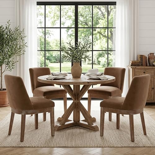 Image of HNY Modern Dining Chairs Set of 4 with Comfortable Back Support, Farmhouse Soft Velvet Upholstered Kitchen Dining Room Chairs with Solid Wood Legs, Armless Accent Side Chairs for Living Room, Khaki