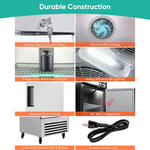 Image of COOLCHEF 27 inch Commercial Refrigerator, 23 Cu. Ft Stainless Steel Upright Reach-in Fridge, 33℉~40℉, 3 Adjustable Shelves