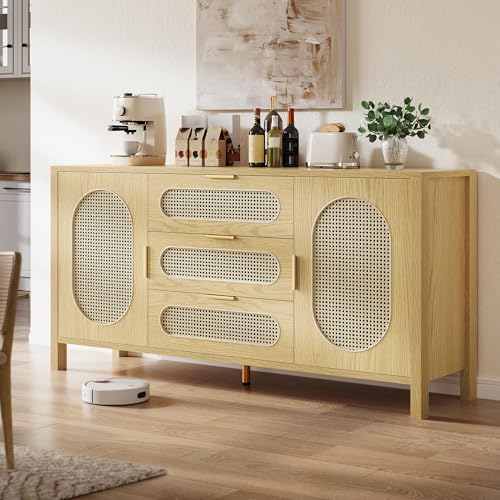 DWVO TV Stand 3 Drawer Dressers Storage Cabinet Natural Rattan Oak Wooden Chest with Golden Handles - Modern Large Closet Boho for Living Room/Hallway/Entryway