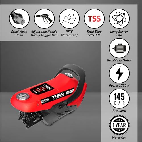 Image of TUQO High Pressure Car Washer, 1750 Watts Motor, 145 Bars Pressure, 10L /Min Flow Rate, 9m Steel Mesh Outlet Hose, Portable for Car, Bike, Home & Outdoor Cleaning- HW2020