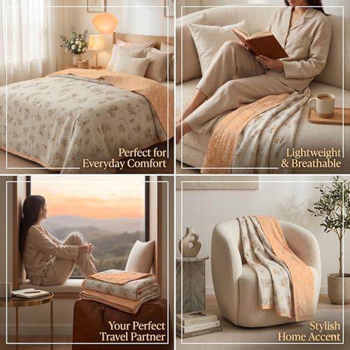 Image of HOMEKART Luxury Cotton Dohar Blanket for Double Bed | Ultra Soft Reversible AC Quilt | Floral Printed Lightweight Summer Blanket | 88x85 Inches (Mustard Blossom)