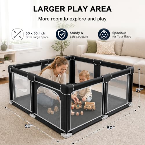 Image of Foldable Playpen for Babies and Toddlers, 50 inchx50 inch Portable Play Yard with Mat, Kids Collapsible Play Pen with Sturdy Metal Frame & Mesh Walls, Indoor & Outdoor Baby Fence Play Area