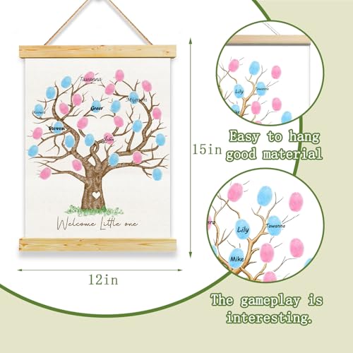 Image of QZCYU Gender Reveal Fingerprint Tree Canvas Guest Books, Baby Shower Decorations, Gender Reveal Party Decorations Gifts Ideas, Baby Shower Party Supplies, Thumbprint Hanging Paintings(12x15in)