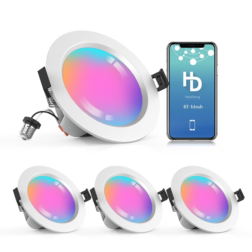 YHW Smart Recessed Lighting, 15W 6 Inch Bluetooth Mesh RGBCW Downlight with 2700-6500K Dimmable, Color Changing E26 Holder -4Pack (White)