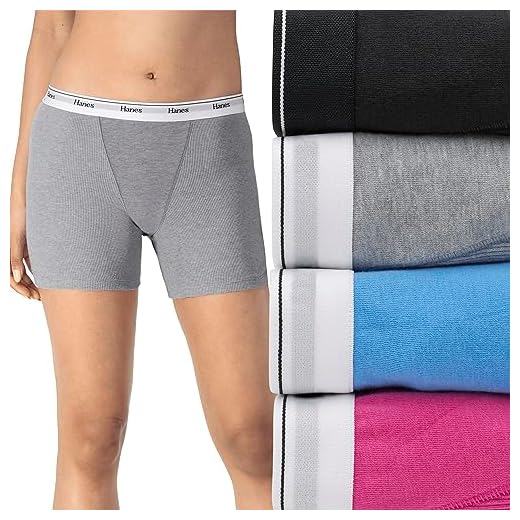 Hanes Women's Mid-Thigh Boxer Brief Pack, Stretch Cotton Underwear, 4-Pack, Assorted Colors, Medium
