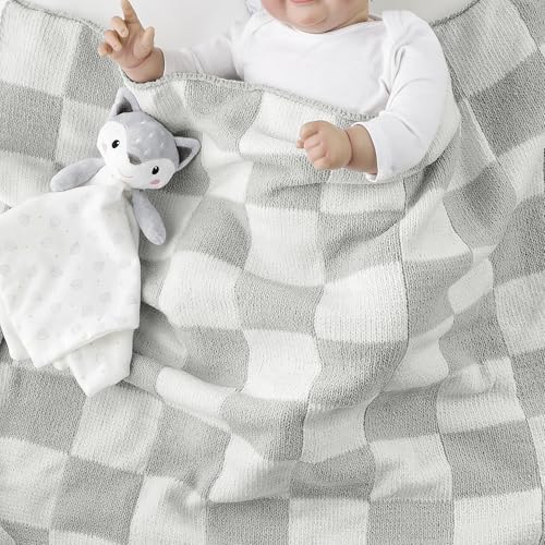 Image of CREVENT 30 inchX40 inch Cozy Soft Warm Chenille Baby Blanket for Girls Boys, Newborn Essentials for Infant, Baby Shower Receiving Gift - Checked Grey 75X100cm