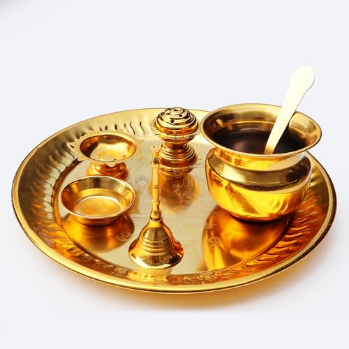 Image of Pure Source India Gold Plated Laxmi Ganesh Pooja Thali Set with Velvet Box for Diwali /Pooja Room /Diwali Gifting |ReturnGift (8.6 Inch)